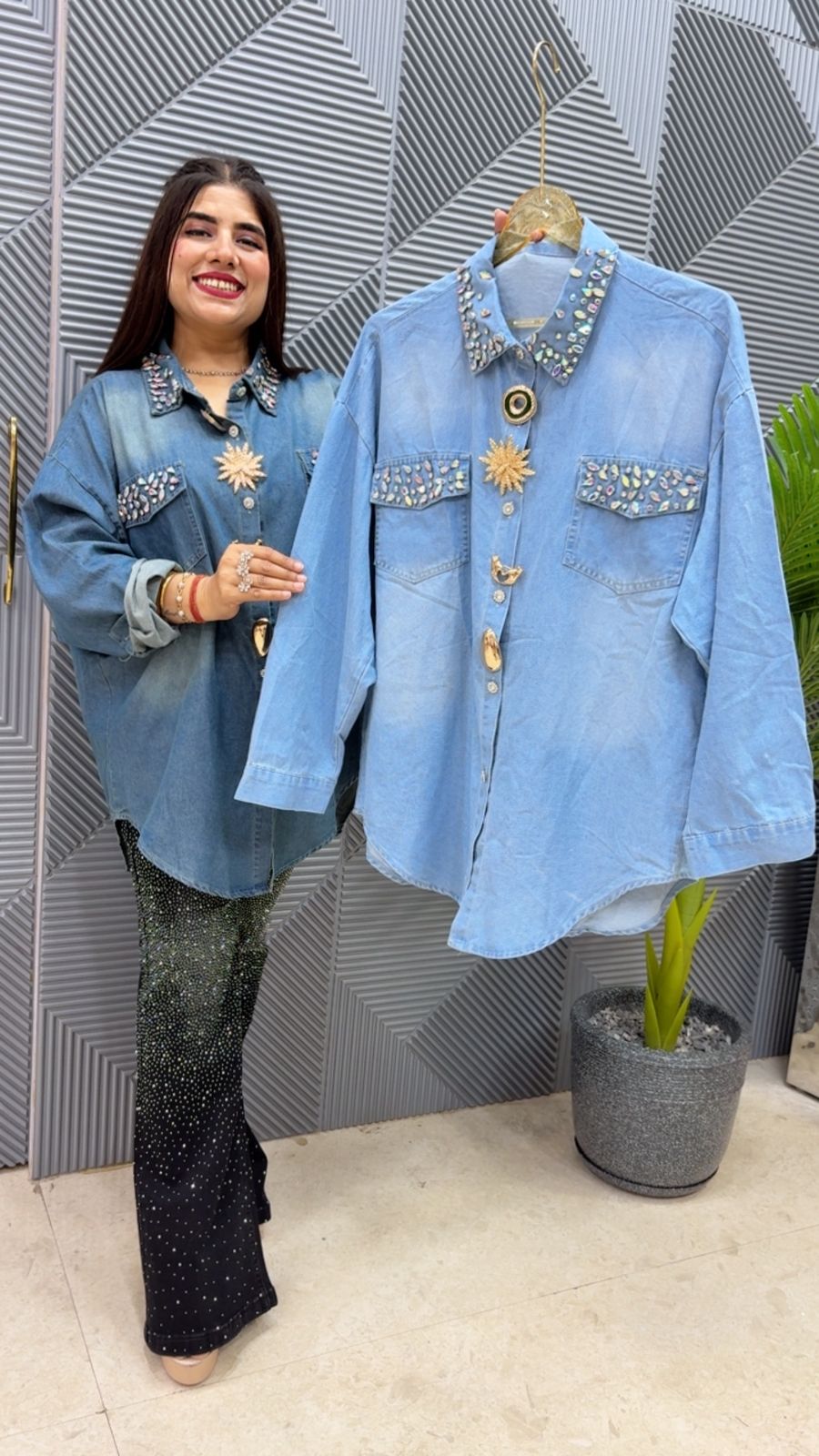 BEAUTIFUL DENIM SHIRT WITH STUDDED WORK GGR4527 Girls Glitters