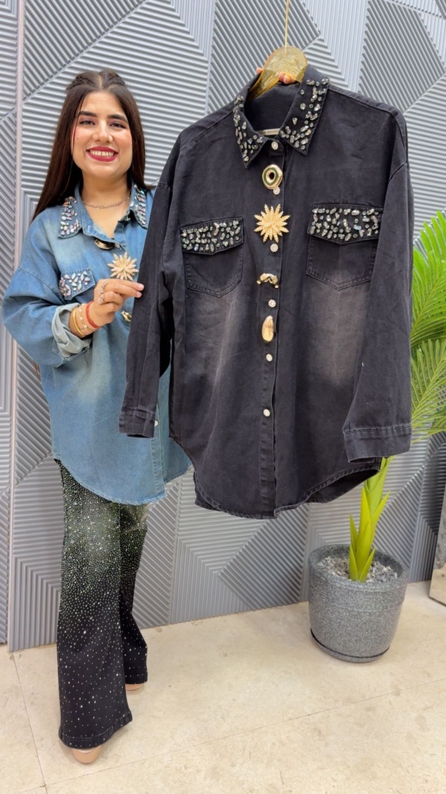 BEAUTIFUL DENIM SHIRT WITH STUDDED WORK GGR4527 Girls Glitters