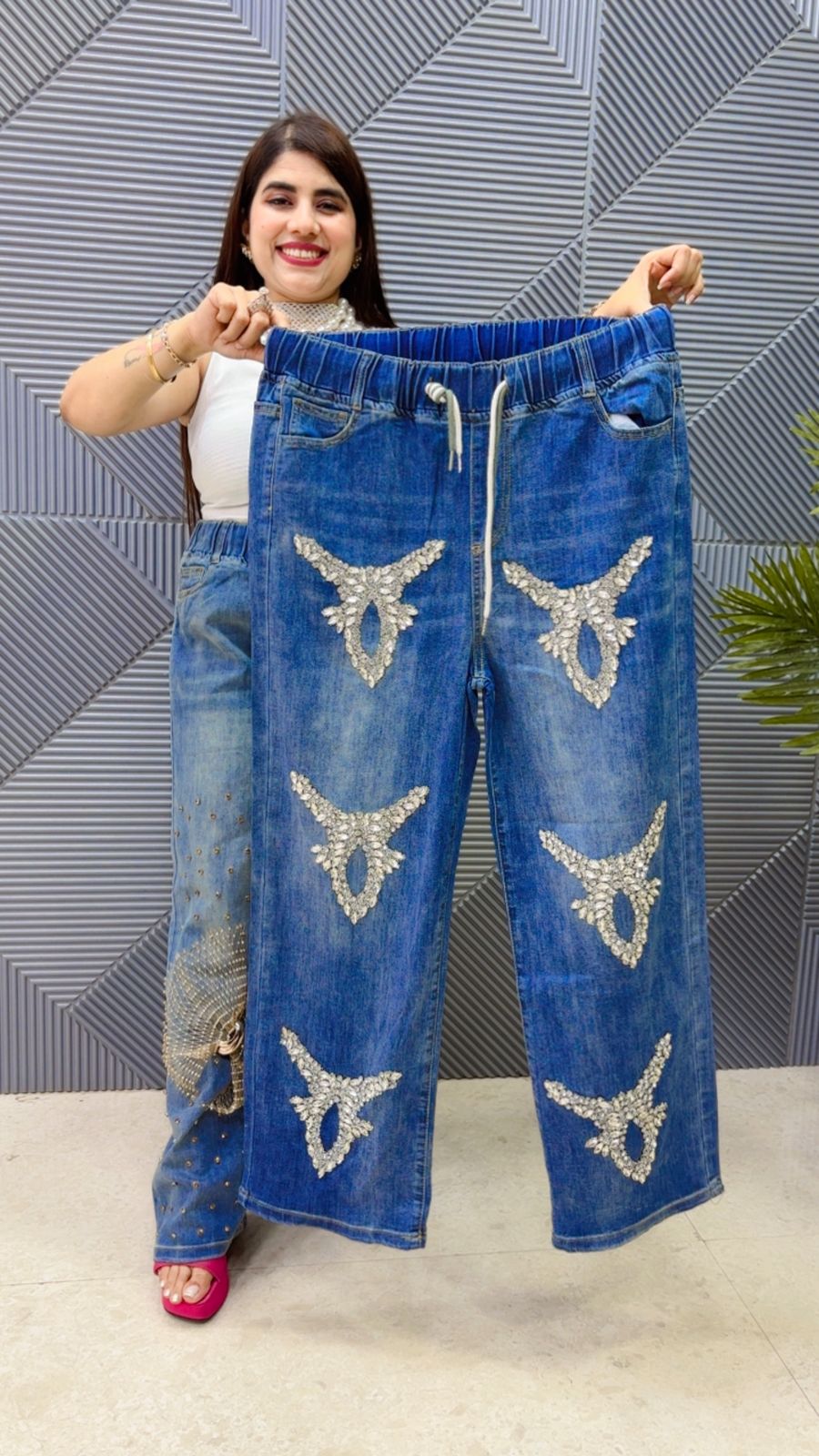 BEAUTIFUL DENIM BOTTOM WITH STUDDED WORK GGR4737 Girls Glitters