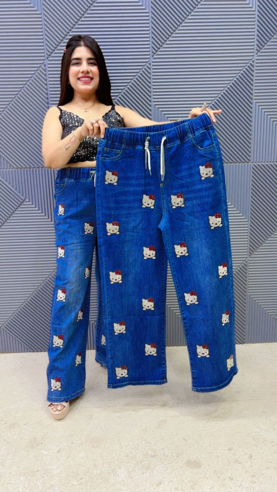 BEAUTIFUL DENIM BOTTOM CAT PRINTED GGR5054 Girls Glitters