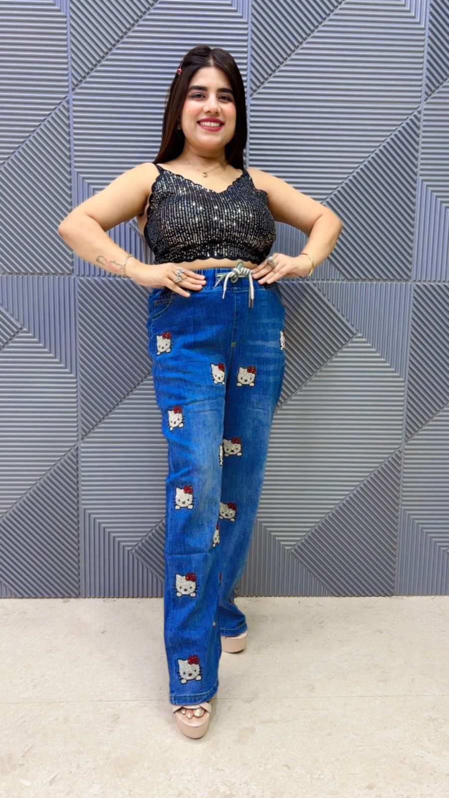 BEAUTIFUL DENIM BOTTOM CAT PRINTED GGR5054 Girls Glitters