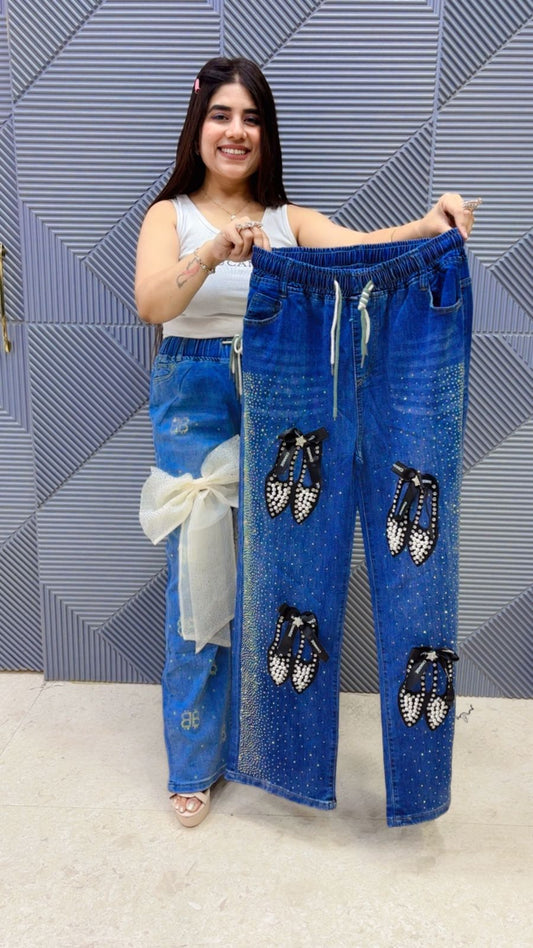 BEAUTIFUL PRINTED SHOES DESIGN DENIM BOTTOM GGR7081 Girls Glitters