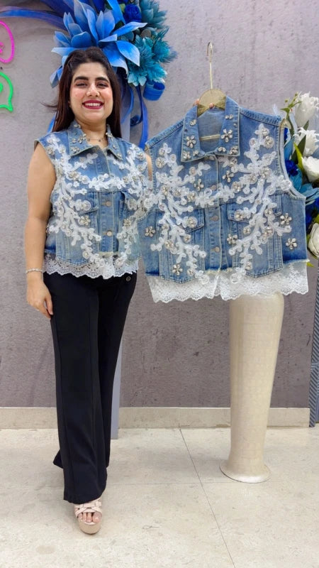 BEAUTIFUL HANDWORK FLORAL EMBROIDERY PREMIUM DENIM JACKET GGR5381 Girls Glitters