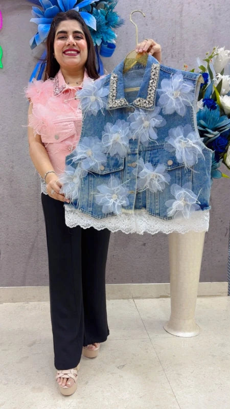 BEAUTIFUL PREMIUM WHITE TULLE FLOWERS DENIM JACKET GGR5382 Girls Glitters