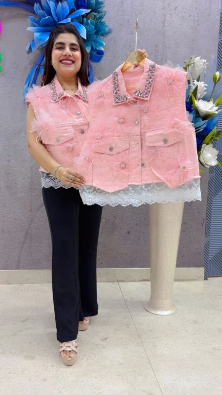 BEAUTIFUL PREMIUM WHITE TULLE FLOWERS DENIM JACKET GGR5382 Girls Glitters