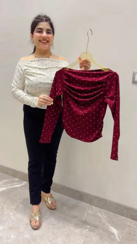 BEAUTIFUL POLKA BROAD NECK TOP GGR5629 Girls Glitters
