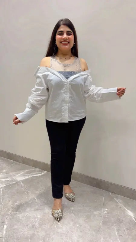 BEAUTIFUL PREMIUM COLD SHOULDER SHIRT STYLE TOP GGR5677 Girls Glitters