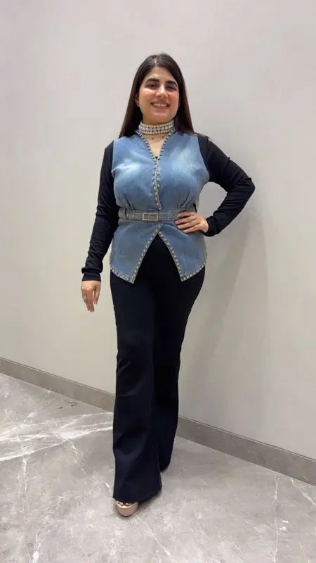 BEAUTIFUL PREMIUM DENIM STYLE SHIRT WITH BELT GGR5723 Girls Glitters