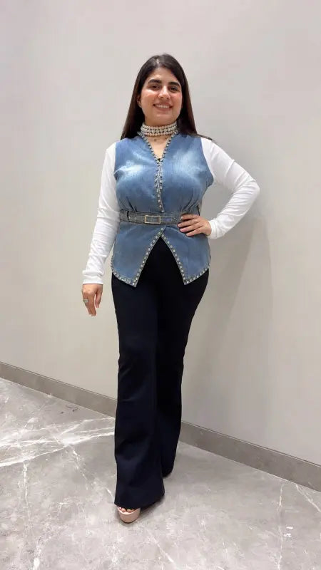 BEAUTIFUL PREMIUM DENIM STYLE SHIRT WITH BELT GGR5723 Girls Glitters