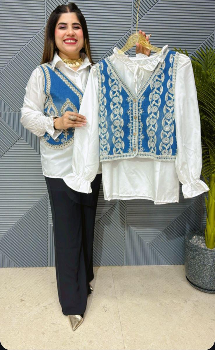 COTTON SHIRT WITH DENIM BASKIT EMBROIDERED WORK GGR1402