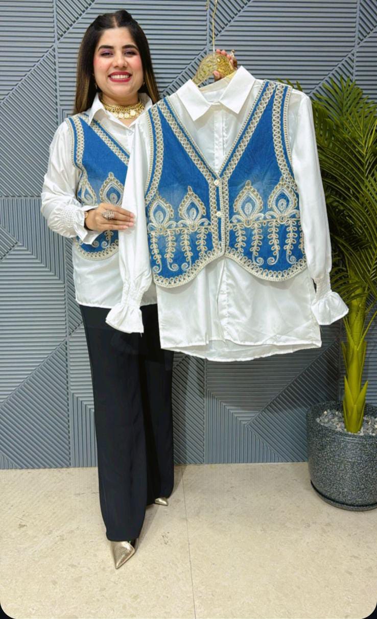COTTON SHIRT WITH DENIM BASKIT EMBROIDERED WORK GGR1402